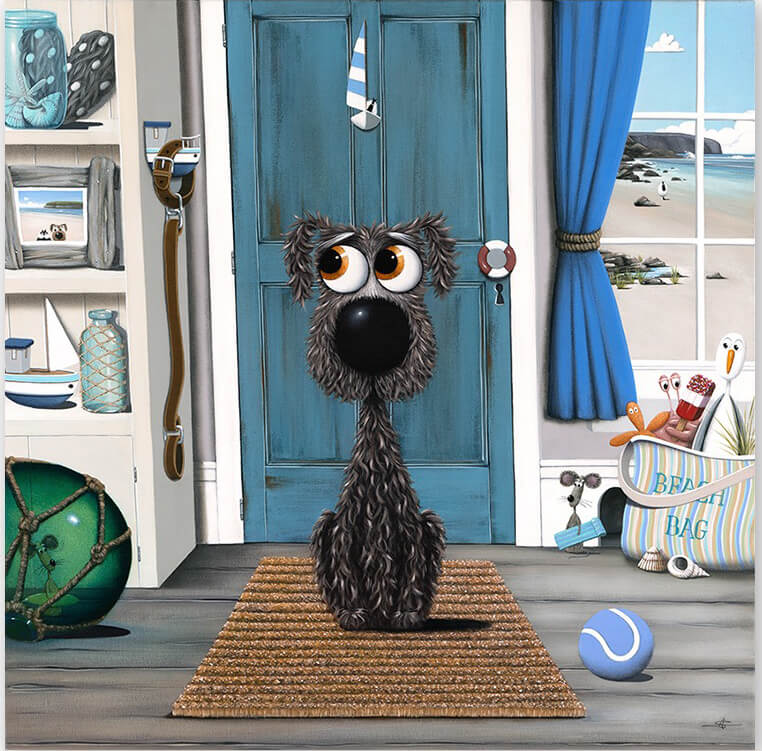 Cartoon dog standing on a doormat with beach-themed decor in the background