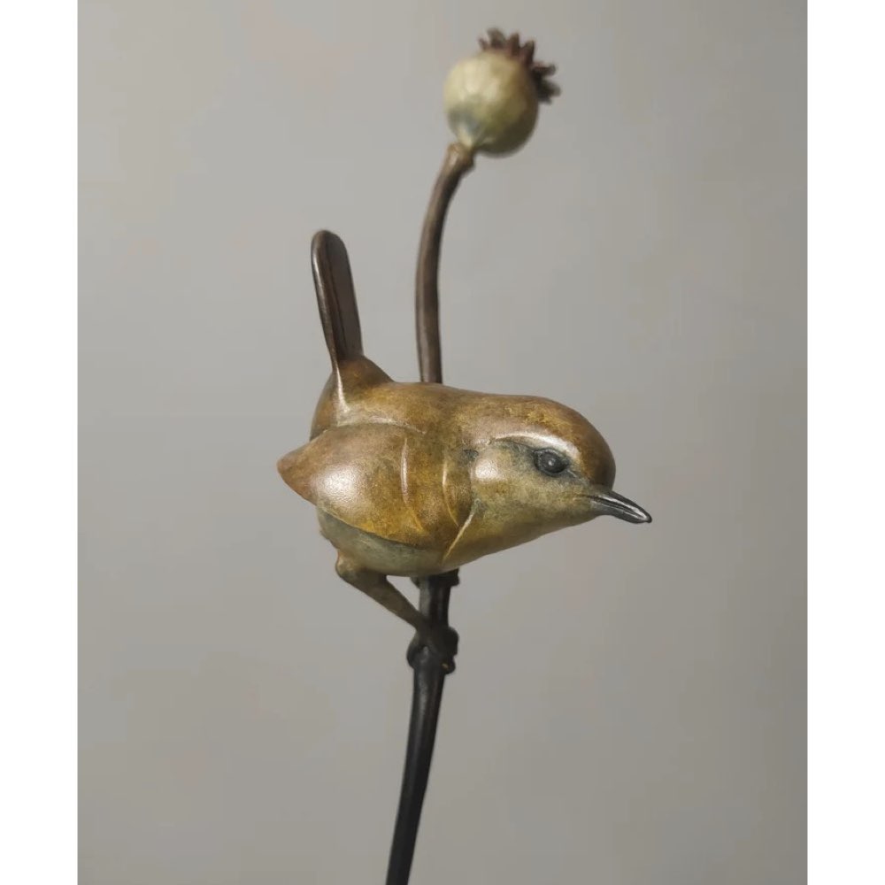 Wren on a Poppy Bronze Sculpture by David Meredith – Limited Edition