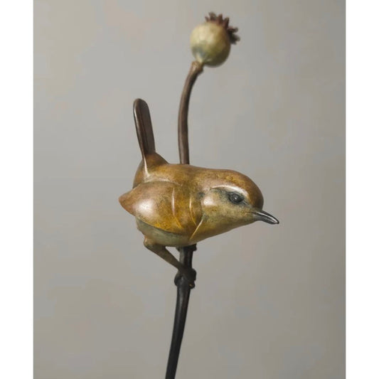 Wren on a Poppy Bronze Sculpture by David Meredith – Limited Edition