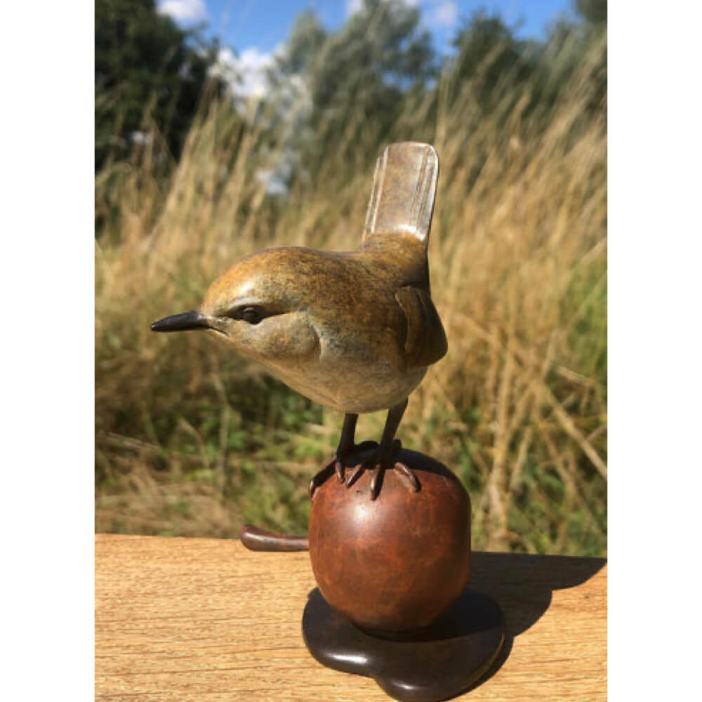 Wren on Apple - Solid Bronze Sculpture 