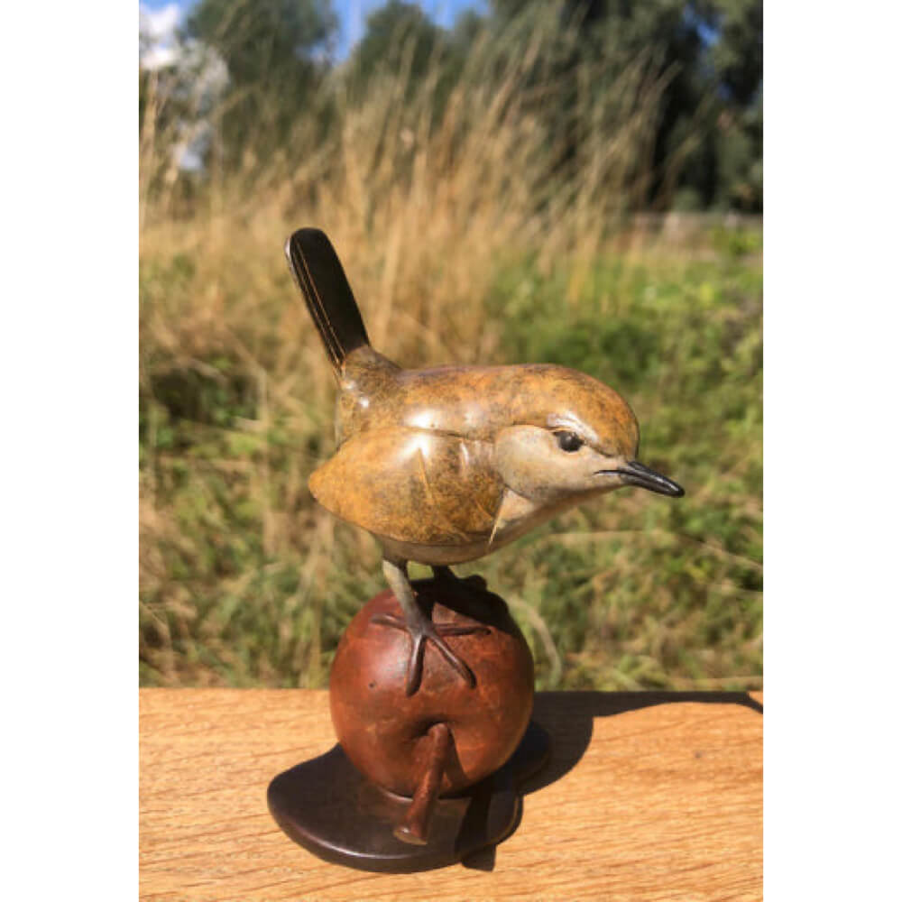 Wren on Apple - Solid Bronze Sculpture 