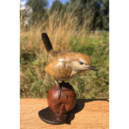 Wren on Apple - Solid Bronze Sculpture 