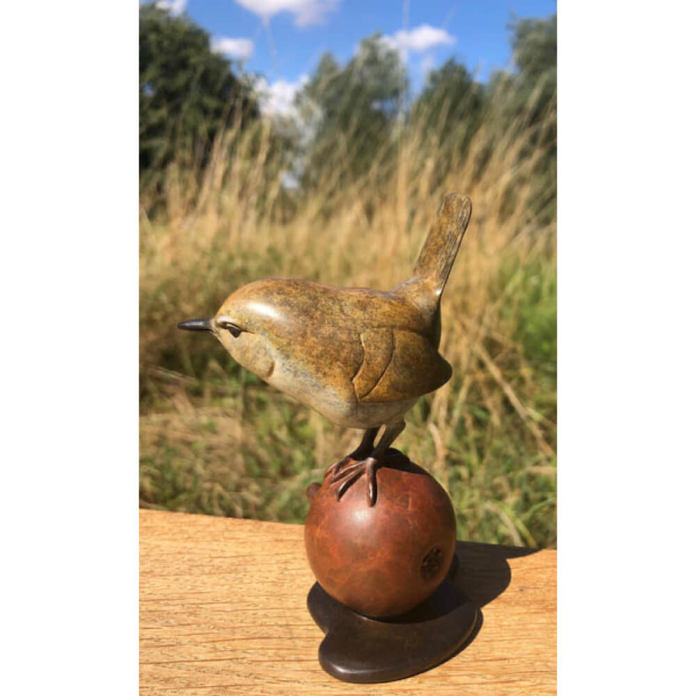 Wren on Apple - Solid Bronze Sculpture 