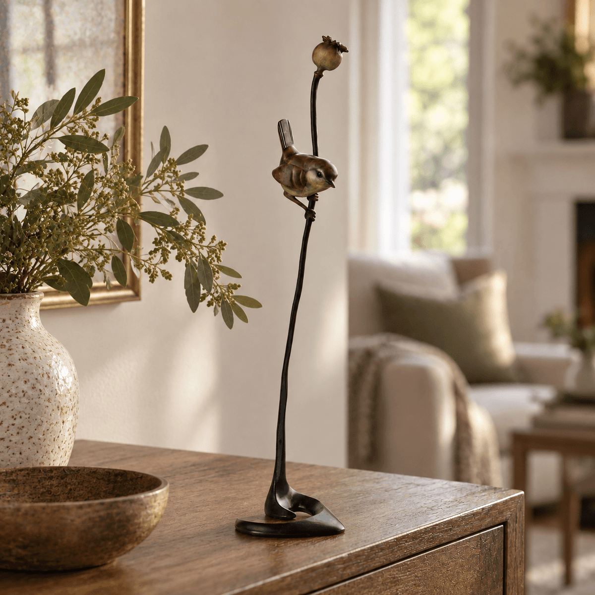 Wren on a Poppy Bronze Sculpture by David Meredith – Limited Edition