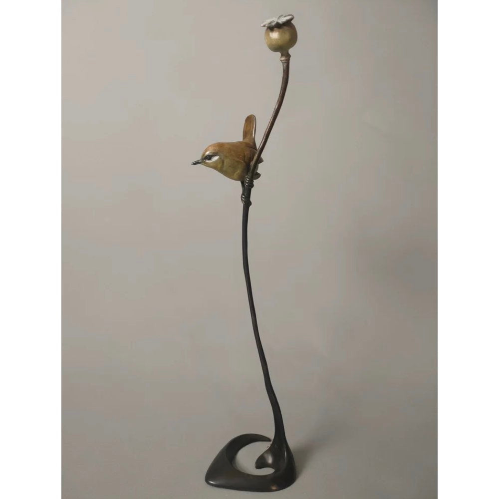 Wren on a Poppy Bronze Sculpture by David Meredith – Limited Edition