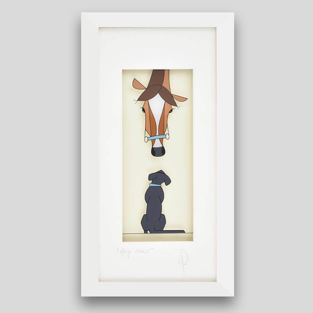 Framed print of a dog and horse having a chat 