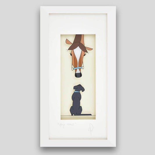 Framed print of a dog and horse having a chat 