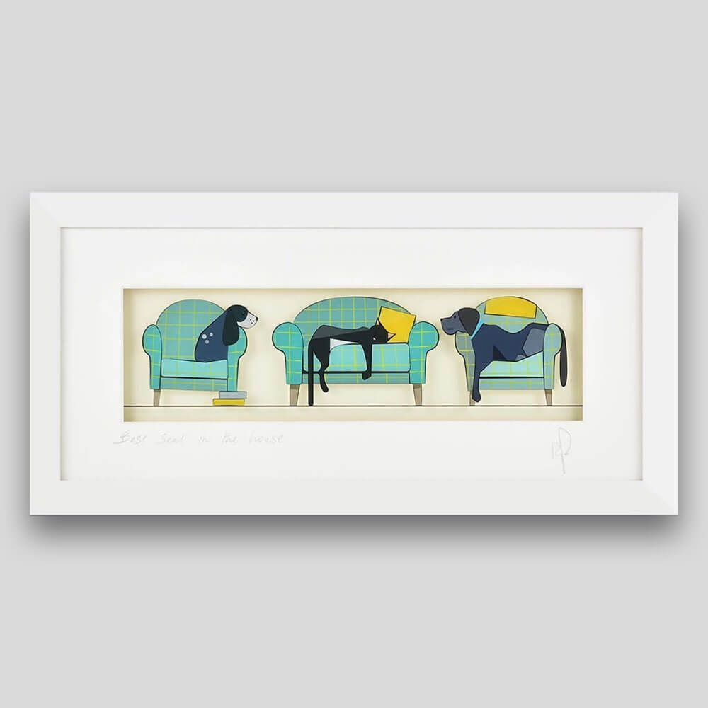 framed print with 2 dogs and a cat sitting on the sofa 