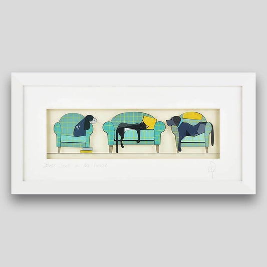 framed print with 2 dogs and a cat sitting on the sofa 