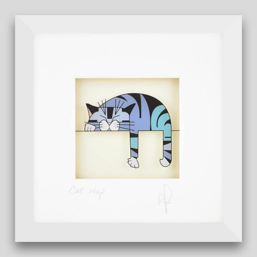 framed print of blue and grey tabby cat having a nap 