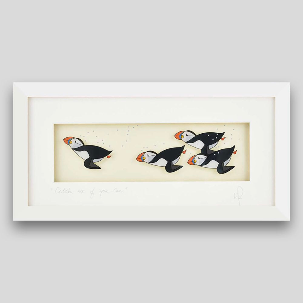 Framed print of puffins diving underwater 