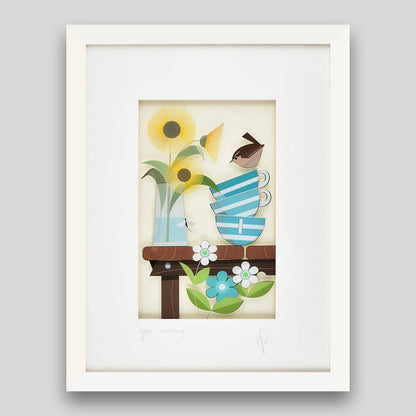 Framed illustrative print of a wren sitting on coffee cups, with sunflowers in vase 