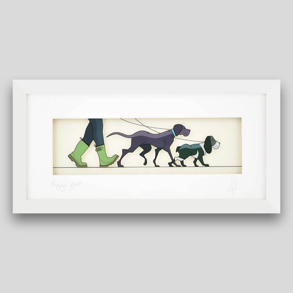 Framed print of two dogs going for a walk with a person in green wellies. 