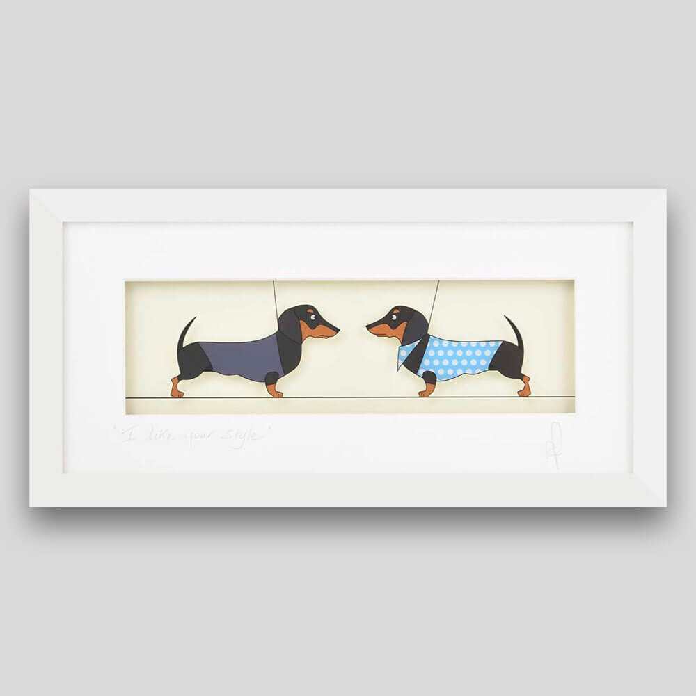 Framed print of two dachshunds having a chat. 