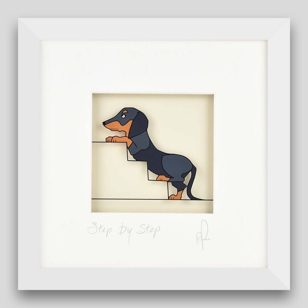Framed print of a dachshund walking up the steps 