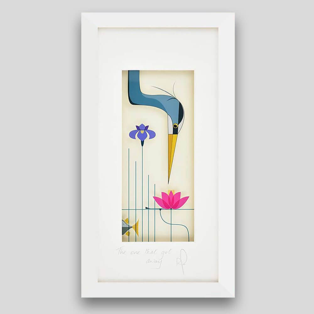 Framed print of heron and fish 