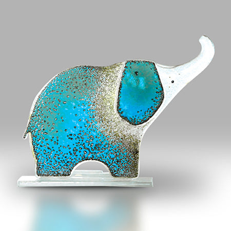 Blue Fused Glass Elephant with Trunk Up