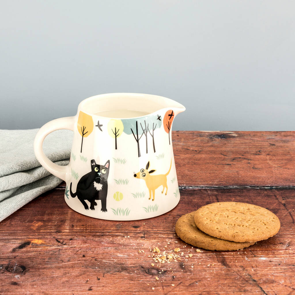 Ceramic Dog Milk Jug by Hannah Turner view with illustrated black dog