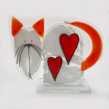 Red Heart Cat Fused Glass Ornament