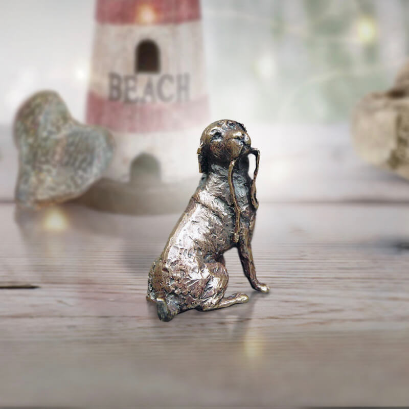 Miniature Bronze | Labrador with Lead | Solid Bronze Sculptures at Red Lobster Gallery | Sheringham 