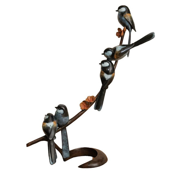 Five long tailed tit perched on a flowering branch in bronze.
