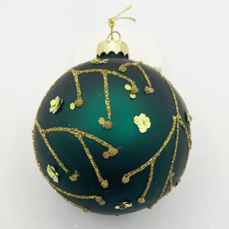 Green Glass Bauble with Glitter Pattern